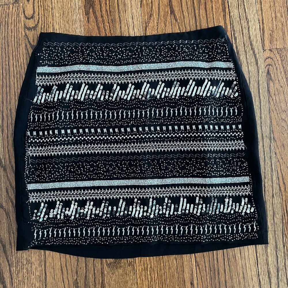 H&M Sequin Bead Embellished Sparkly A Line Short Mini Skirt Stretch Lined Sz 6